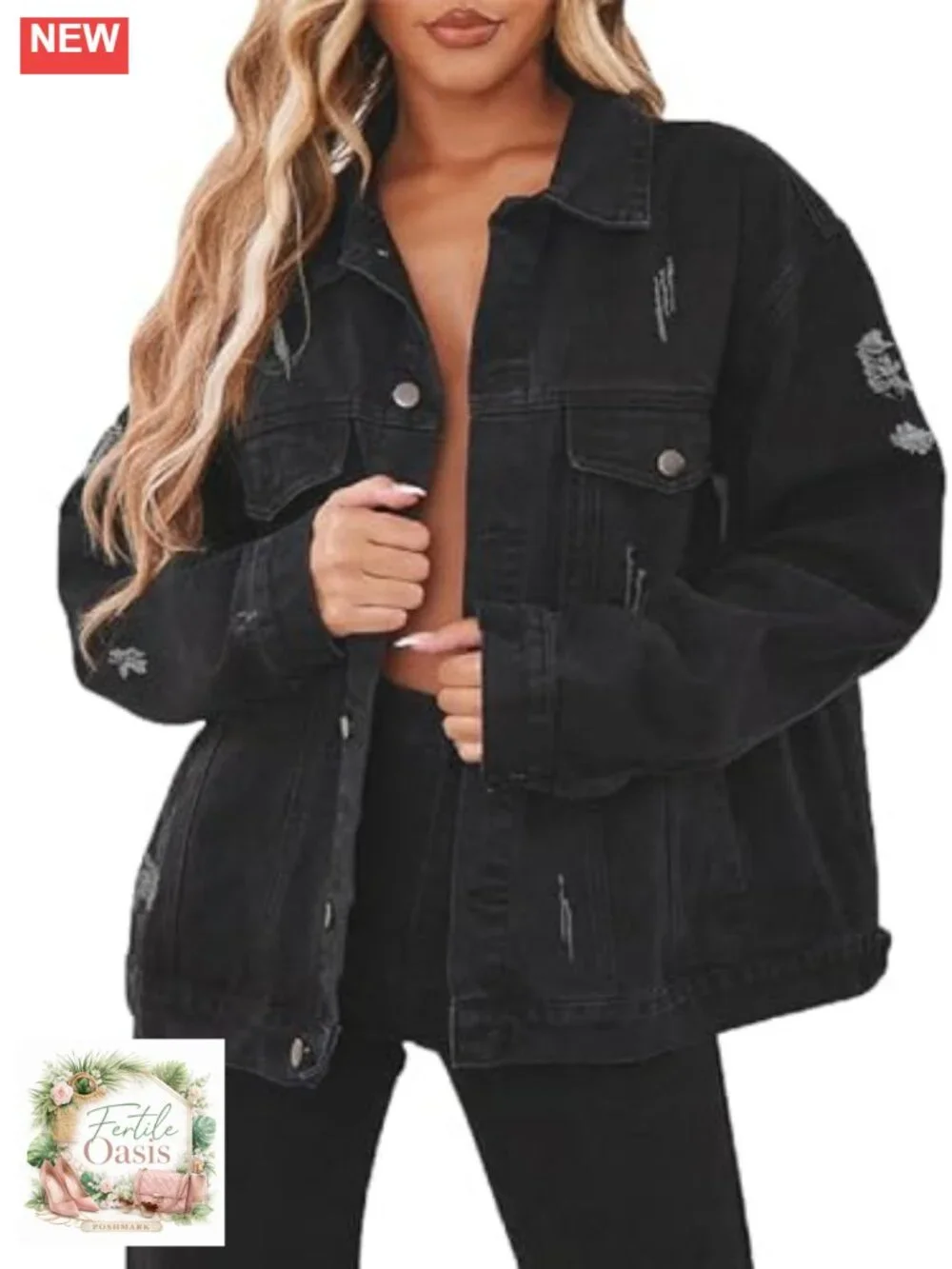 Oversized Distressed Denim Jacket Long Sleeve Trucker Jean